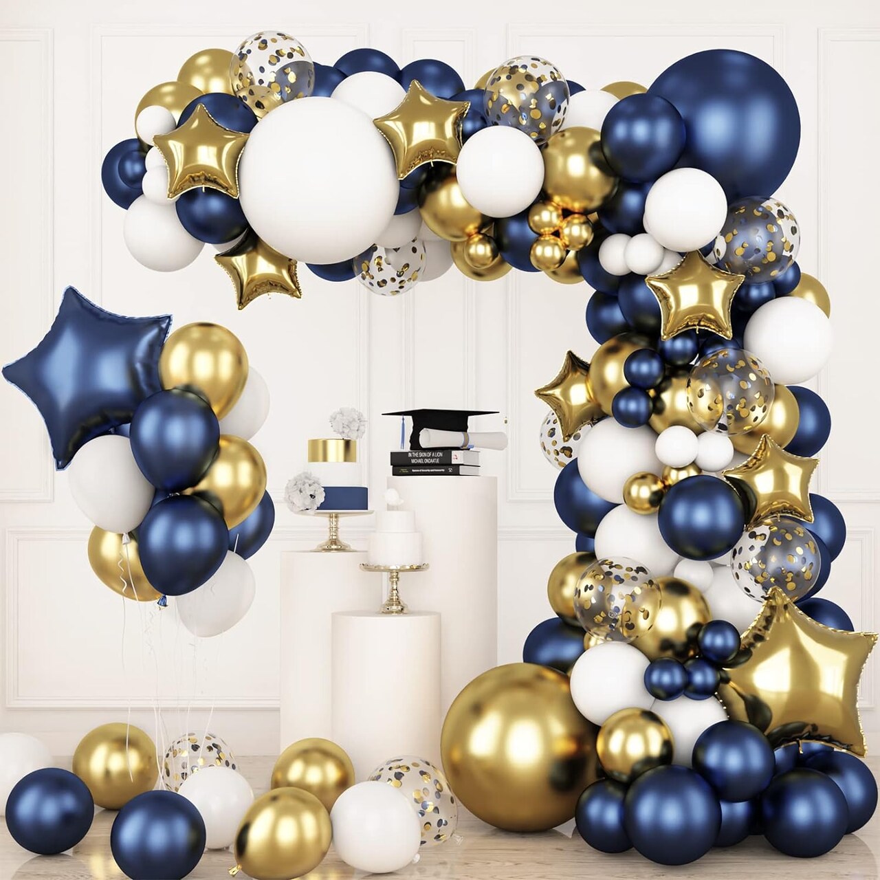 176pcs Navy Blue Gold Balloons Arch Kit, Navy Blue Balloon Garland Metallic Gold White Confetti Balloon Foil Balloons for Baby Shower Birthday Party Wedding Anniversary Graduation Decoration